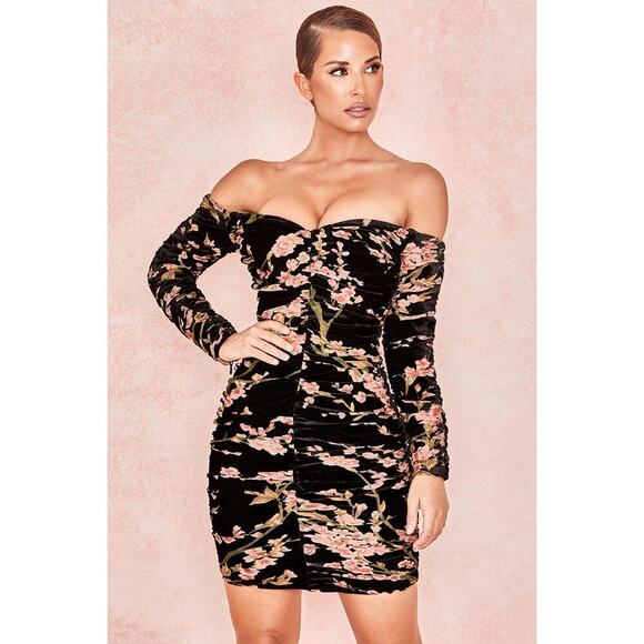 House of CB Noella Bardot Dress Black Peach Floral Size S - Picture 4 of 10